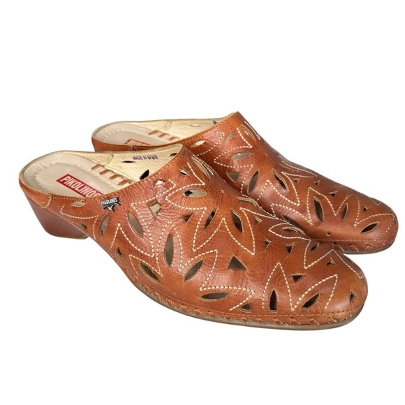 PIKOLINOS Mules Size 8.5 EU 39 Brown Leather Laser Cut Clog Shoe Low Heels SPAIN - Picture 1 of 9